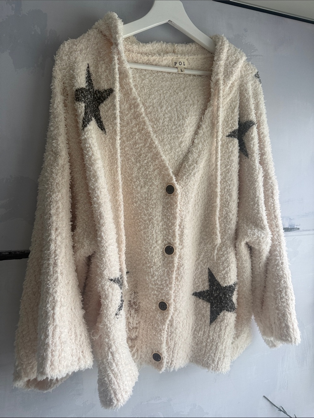 POL CardiganCream Textured Shredded Hooded SOFT Large